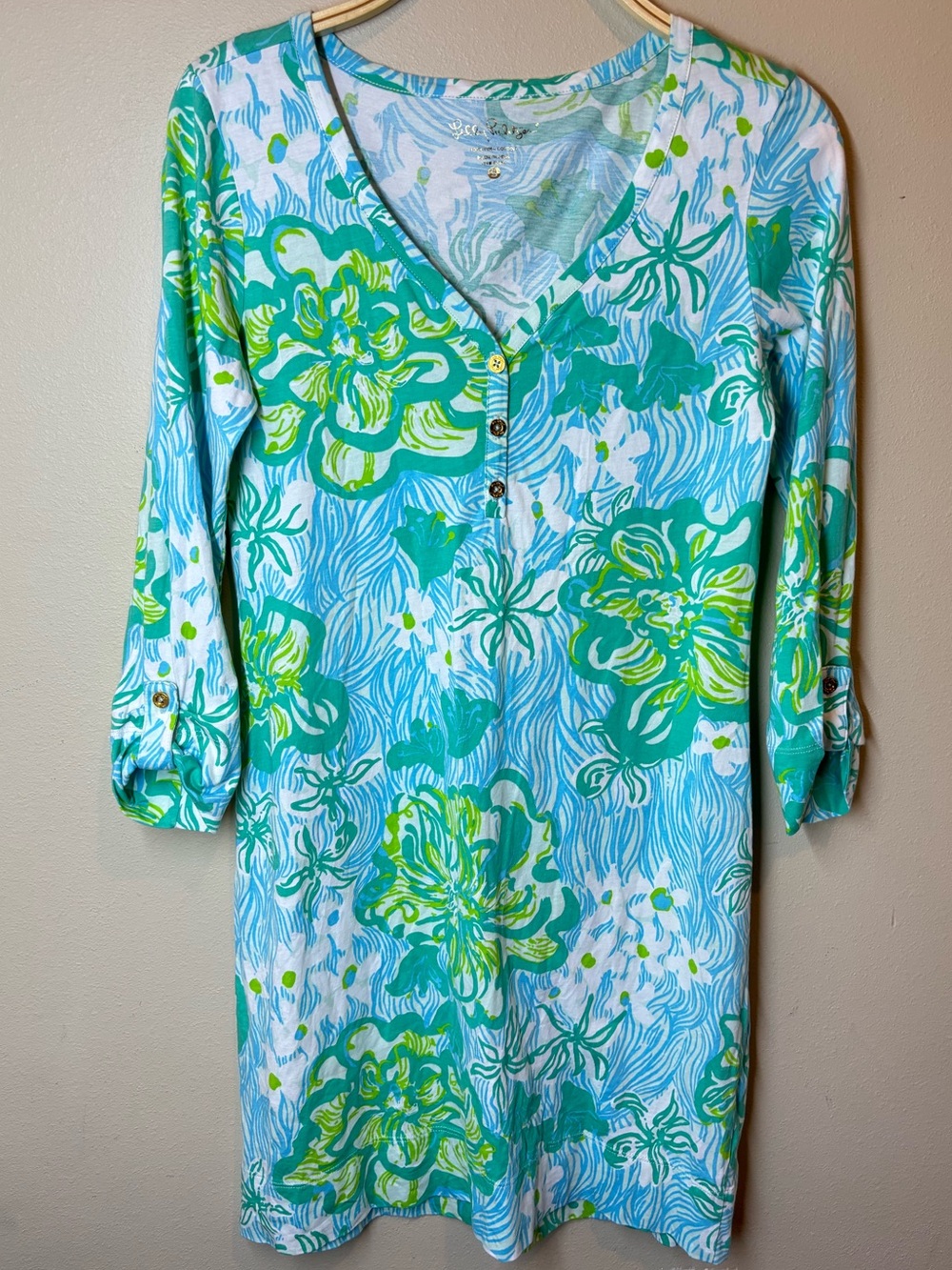 Lilly Pulitzer Palmetto Dress in Lagoon Green Wave Rider, S, 100% Pima cotton